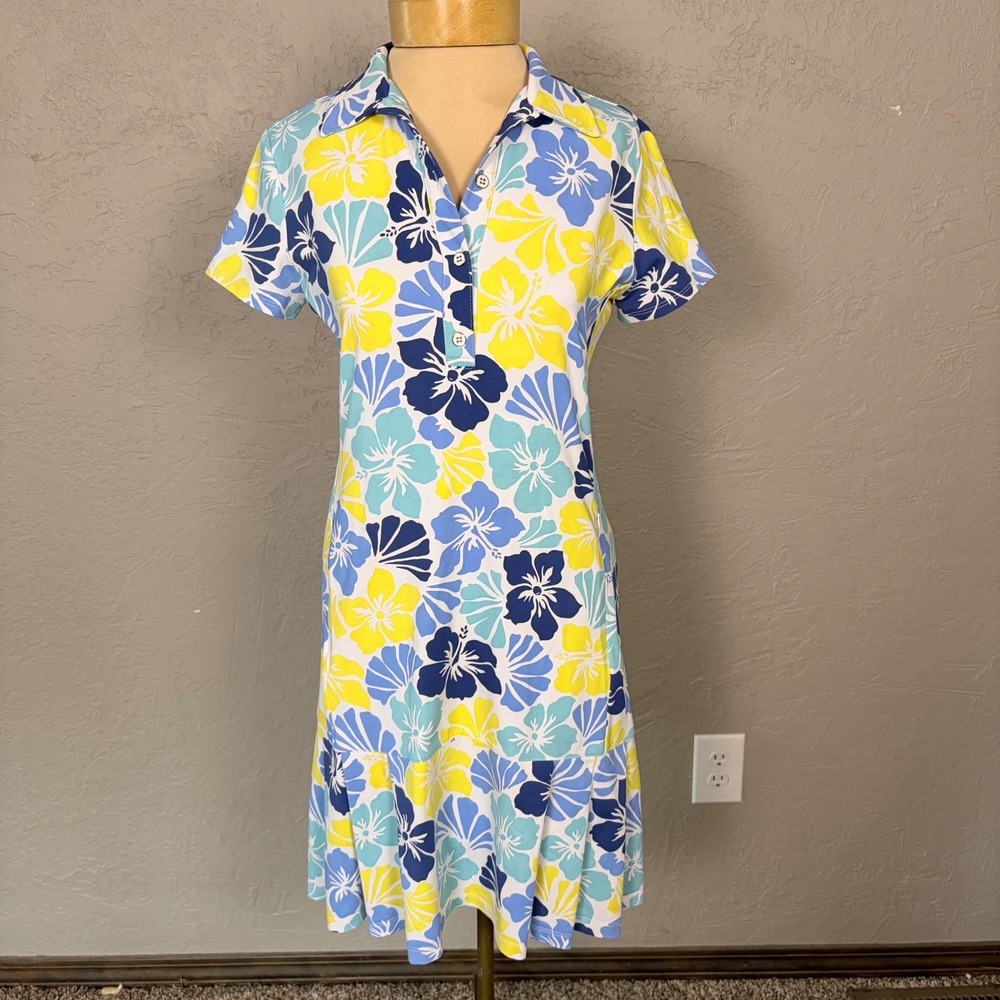 J McLaughlin Floral Dress Womens Small Catalina Cloth Polo Preppy Pleated Dorte